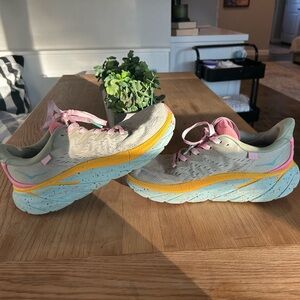 Hoka Women's Light Gray Sneakers with Pink, Yellow & Blue Accents
